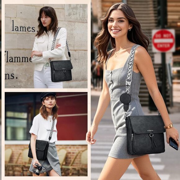 🆕 Women Black PU Leather Crossbody Purses Adjustable Wide Strap Shouler Bag - Picture 7 of 8